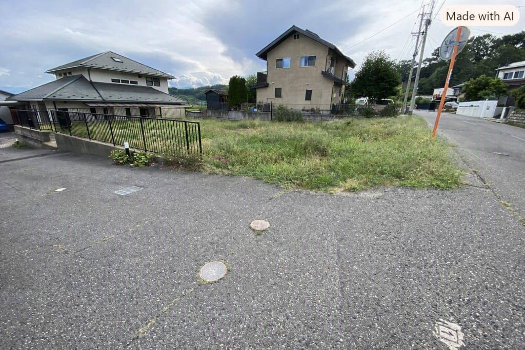 東側から見た敷地と擁壁(AI利用で車削除)