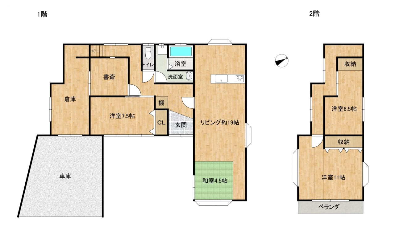 【リフォーム予定・間取り図】建坪51坪の3SSLDKの住宅です。ビルトインの車庫に、外からも中からもアクセス可能な倉庫付きで、趣味も充実。リビングも広々使える約19帖へ拡張します。