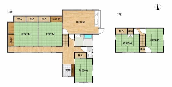 【現況・間取り図】5LDKの2階建住宅です。1階和室の続き間からは広々としたお庭が見えます。1階に居室が3部屋、2階には2部屋あるので、様々な使い方が可能です。1階玄関横にある和室は来客時に役立ちそうですね。