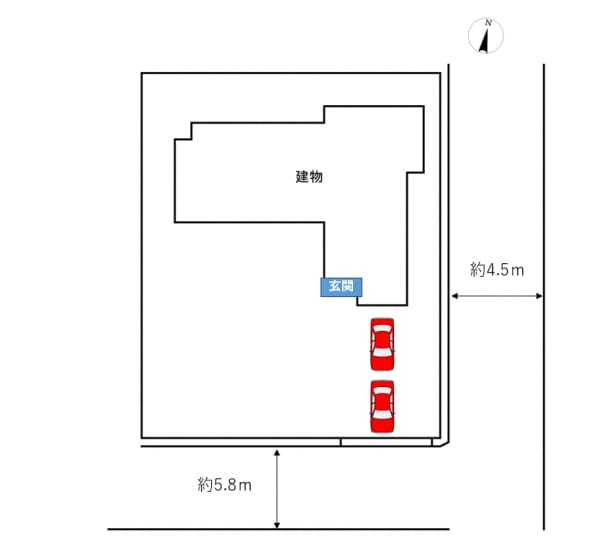 【区画図】縦列で2台駐車可能です。カーポートに1台お車を停めることができるので、雨の日にもお車が濡れる心配がありません。普通車で2台停めることができる十分なスペースがあります。