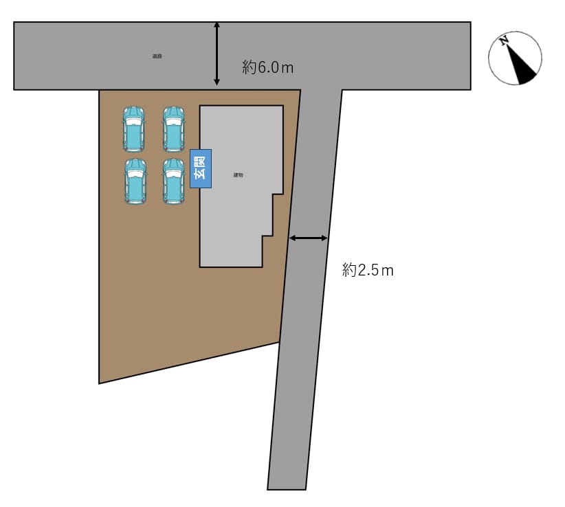 【区画図】土地面積は149.73坪あり、駐車4台以上可能な広さです。庭部分はお手入れして、畑やガーデニングスペースとしてお使いいただくことができます。