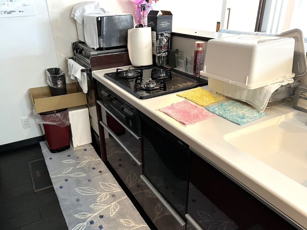 2019年に取替リフォーム済のキッチンは、食洗器付きが嬉しい。背面には収納スペースもたっぷりです。