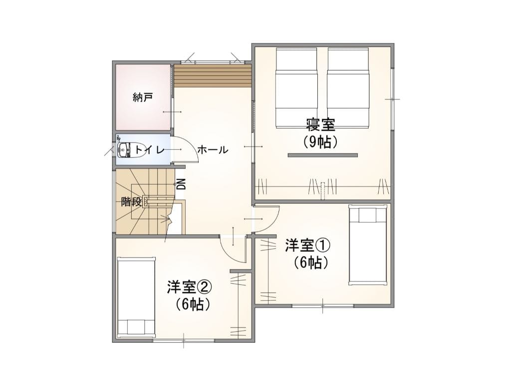 【2F平面図】2Fホールは多目的な仕様が可能なフリースペースを確保。寝室には広々としたWICを設計しています。