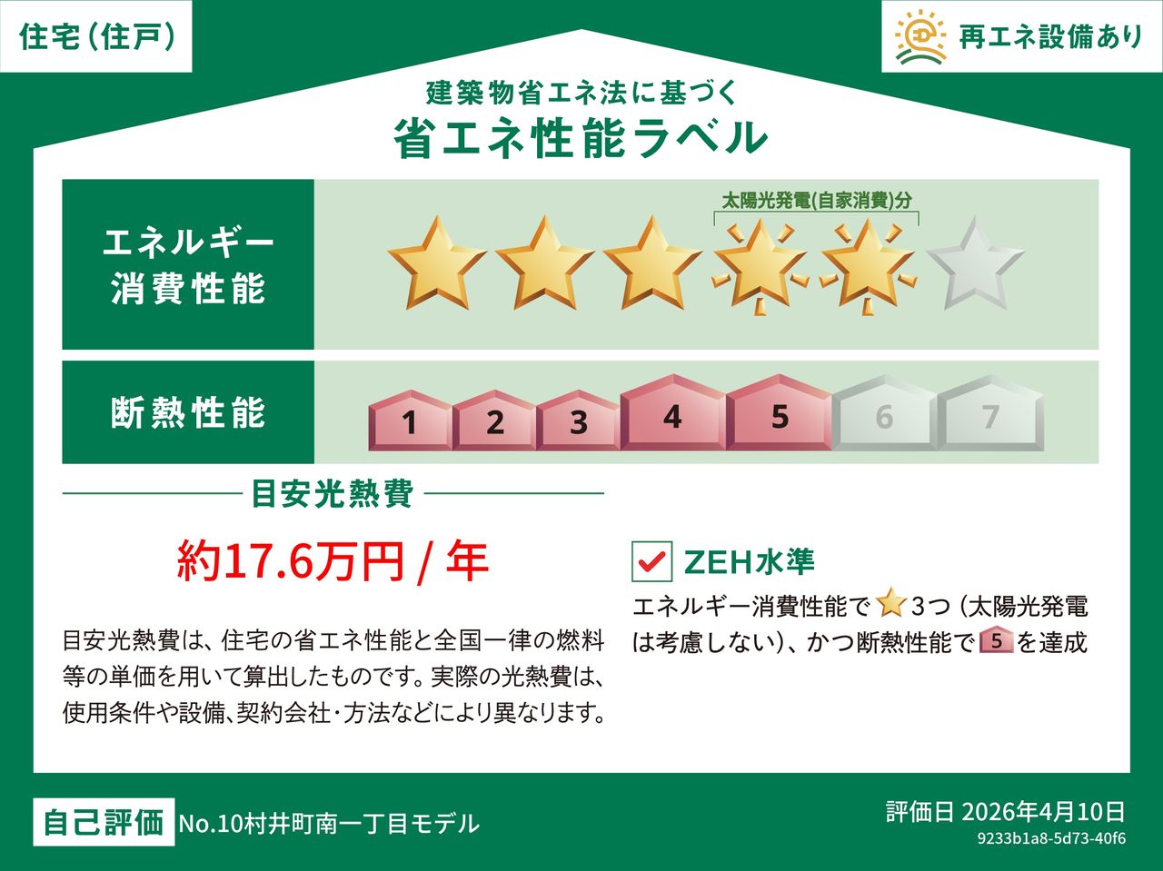 住宅の省エネ性能に基づき算出された電気・ガス等の年間消費量に、全国統一の燃料等の単価を掛け合わせて算出した1年間の光熱費を目安として示しています。