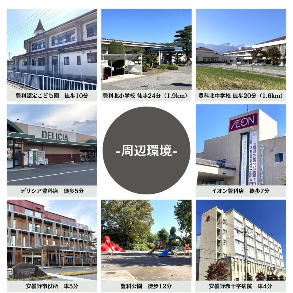 安曇野市市街地近郊の利便性良好な立地。南豊科駅徒歩11分、デリシア徒歩5分・イオン豊科店徒歩7分で生活快適。