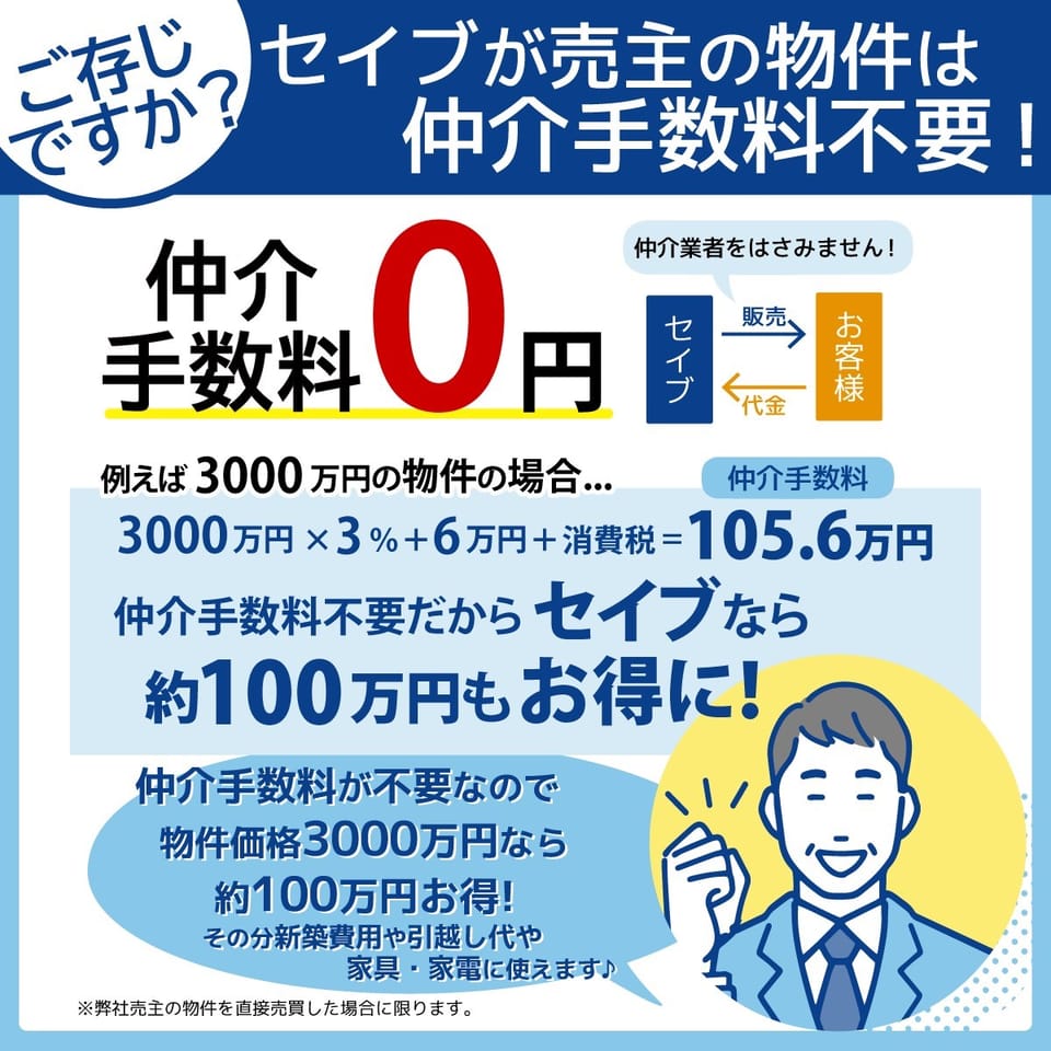 セイブが売主の物件なら仲介手数料0円!直接売買だから手数料不要!