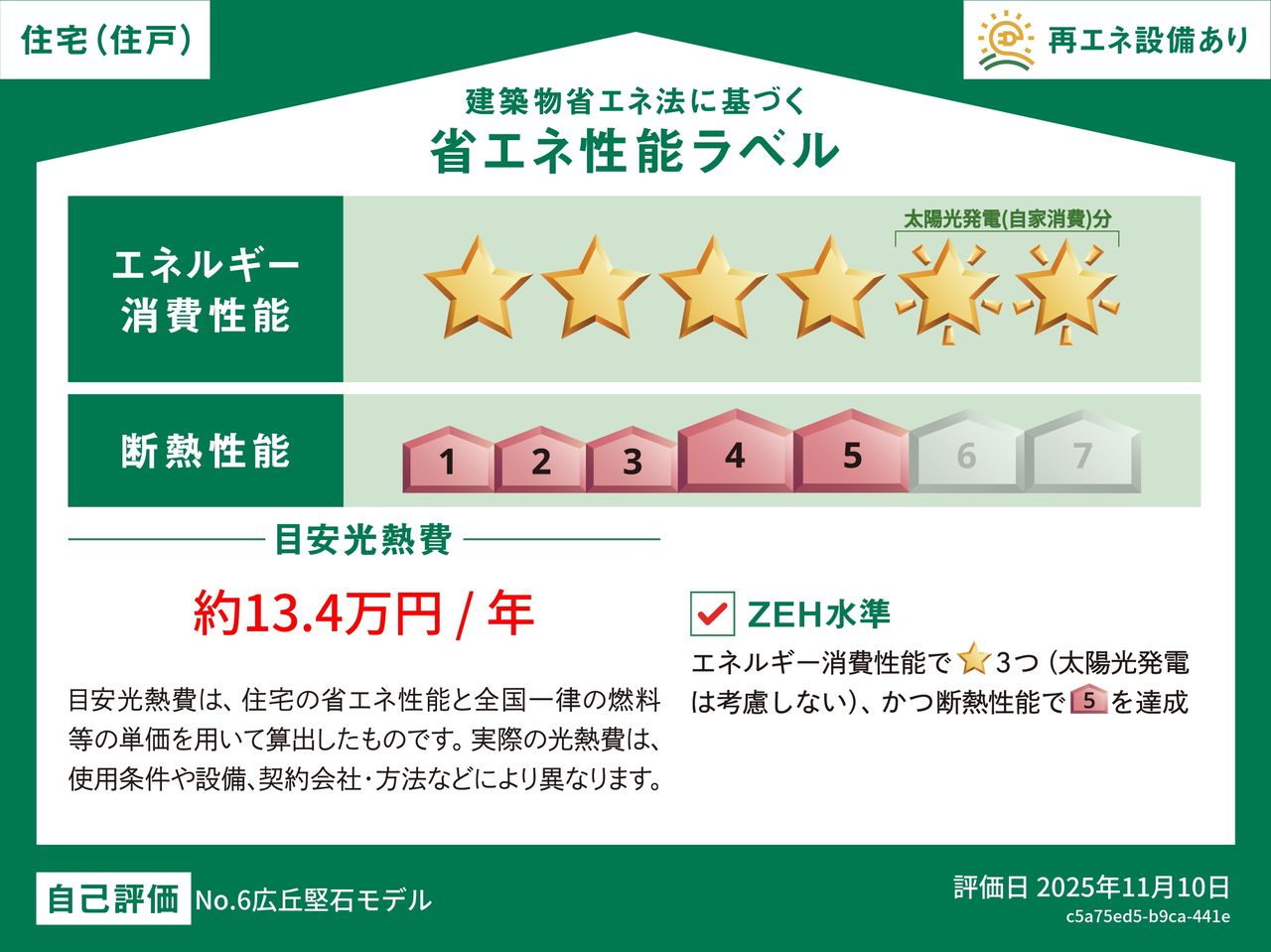 住宅の省エネ性能に基づき算出された電気・ガス等の年間消費量に、全国統一の燃料等の単価を掛け合わせて算出した1年間の光熱費を目安として示しています。