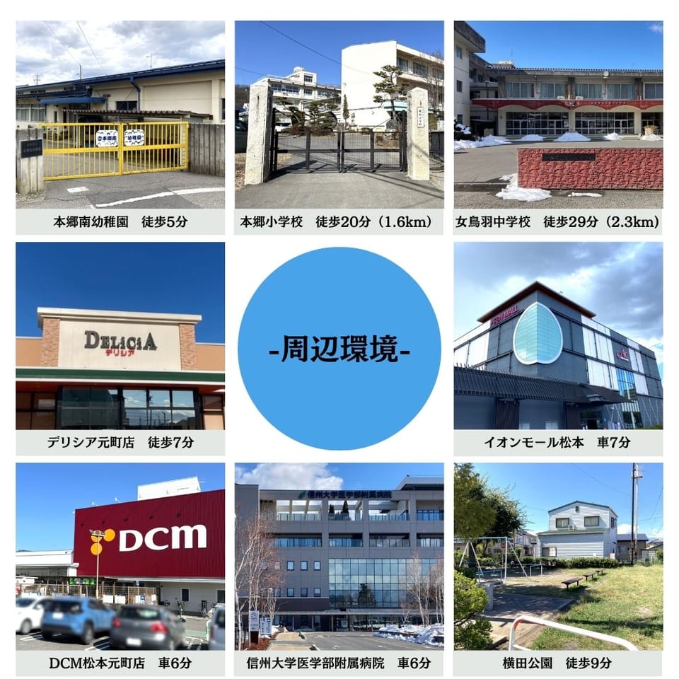 デリシア徒歩7分、幼稚園徒歩5分の便利な立地。イオンモール・信大病院も近く、子育て世帯にも嬉しい環境です。