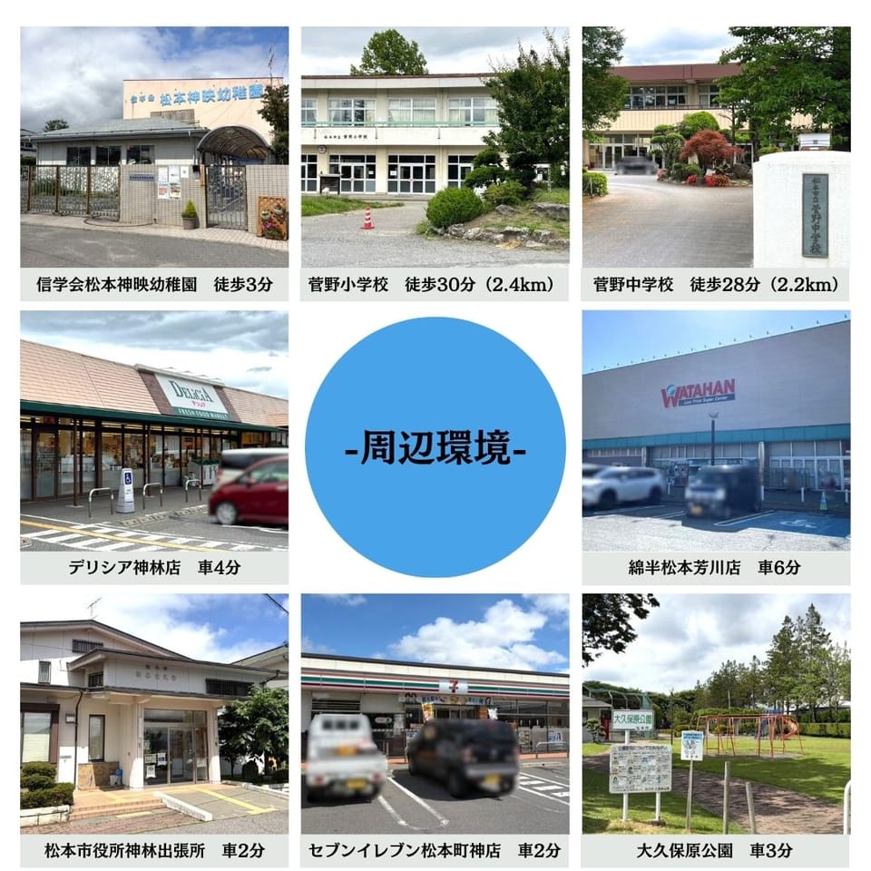 買い物も子育ても快適。スーパー車4分、コンビニ・役所車2分、幼稚園徒歩3分と、暮らしを支える施設が身近に揃います。
