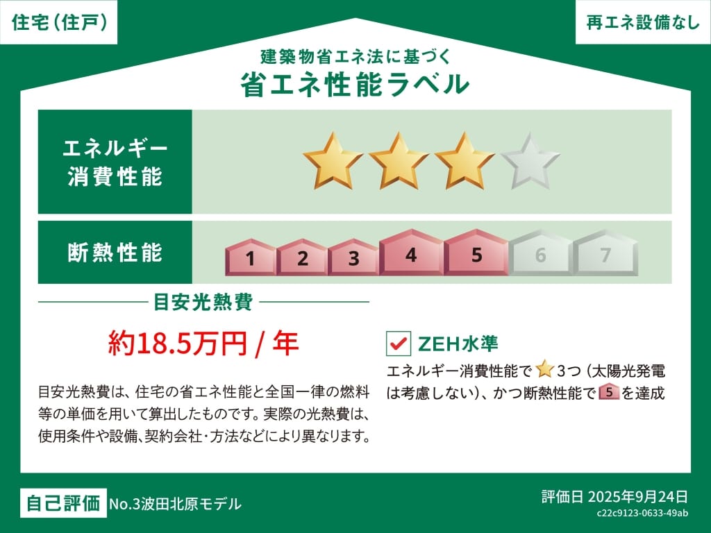 住宅の省エネ性能に基づき算出された電気・ガス等の年間消費量に、全国統一の燃料等の単価を掛け合わせて算出した1年間の光熱費を目安として示しています。