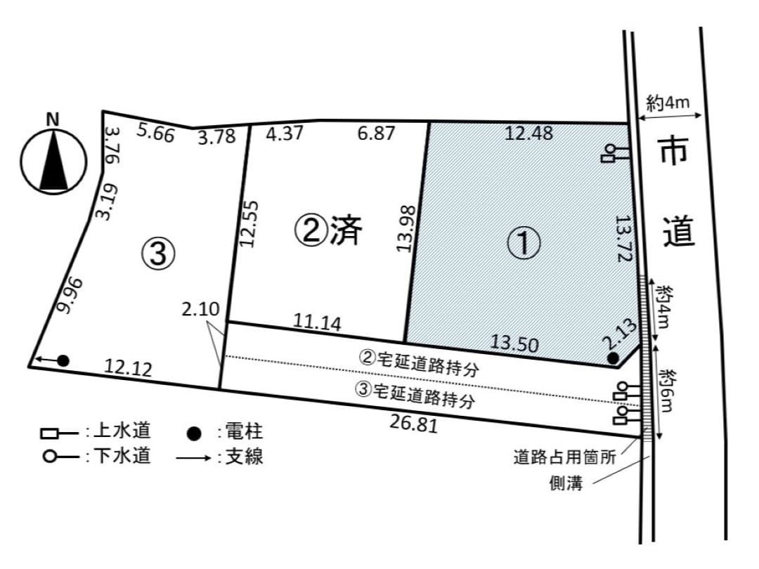 約50~60坪のゆとりある敷地が魅力の全3区画。4mの宅地延長道路を備え、敷地の広さや形状に合わせた理想の住まいづくりを叶えます。