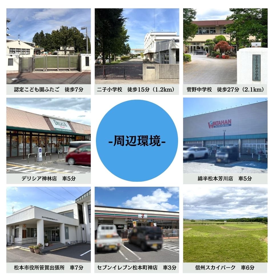 デリシア・綿半まで車で約5分と、毎日のお買い物に便利。休日は車で約6分の信州スカイパークで、家族とのお出かけも楽しめます。