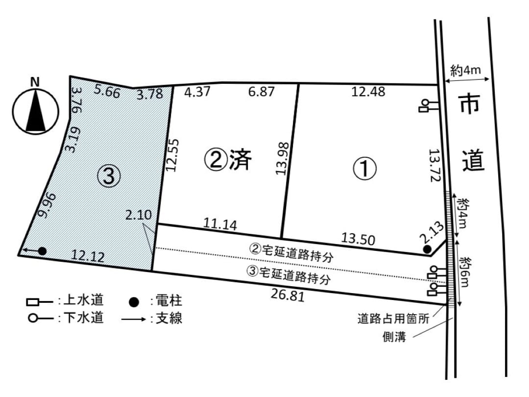 約50~60坪のゆとりある敷地が魅力の全3区画。4mの宅地延長道路を備え、敷地の広さや形状に合わせた理想の住まいづくりを叶えます。