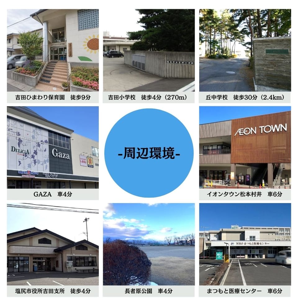 小学校徒歩4分、保育園や役所も徒歩圏内。ギャザまで車4分、イオンタウンまで車6分と、子育てにも日々の暮らしにも便利な立地です。