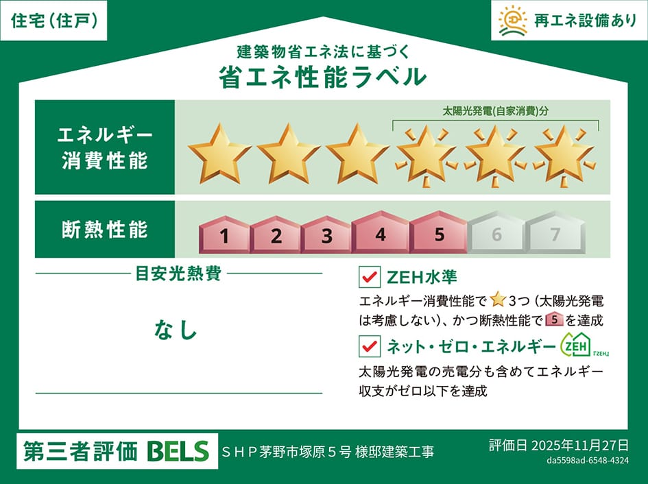 【省エネ性能ラベル】太陽光発電の売電分を含めてエネルギー収支がゼロ以下を達成できる住戸です。
