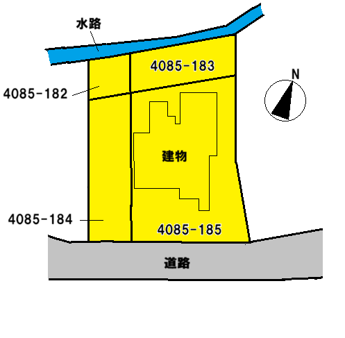 黄色で示した部分が売買契約の目的物となります。実際の地形とは異なりますことをご了承ください。