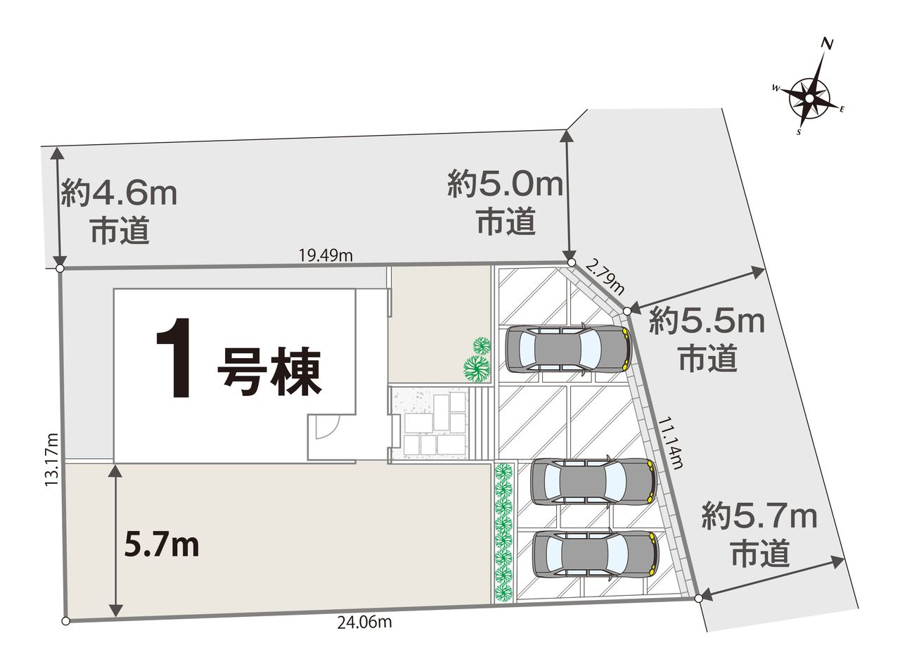 出し入れラクラク並列4台駐車!2面道路に面した開放的な角地