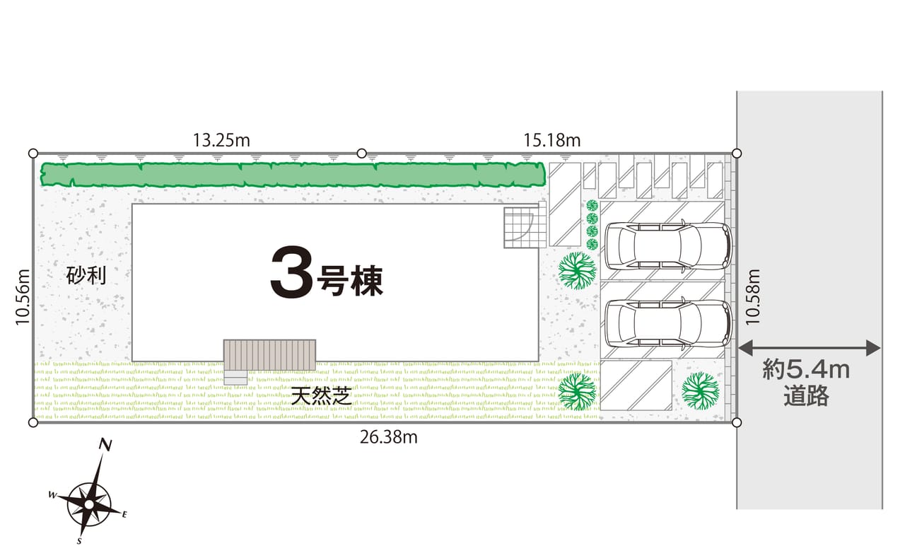 【お庭も駐車も妥協なし】前面道路約5.4mで出し入れスムーズな並列3台分のカースペース!南側には家族でBBQやプールを楽しめる広々とした「天然芝×ウッドデッキ」のお庭付き。外構まで贅沢にこだわった3号棟!