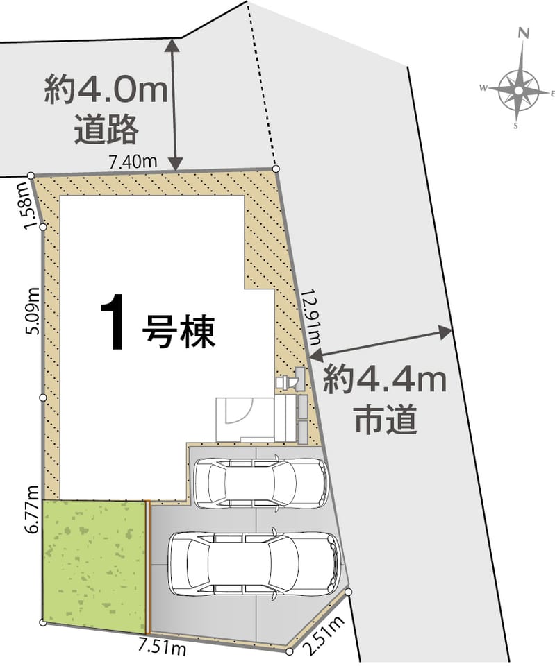 【北側約4.0m×東側約4.4m】道路に面した開放的な角地風の区画設計!